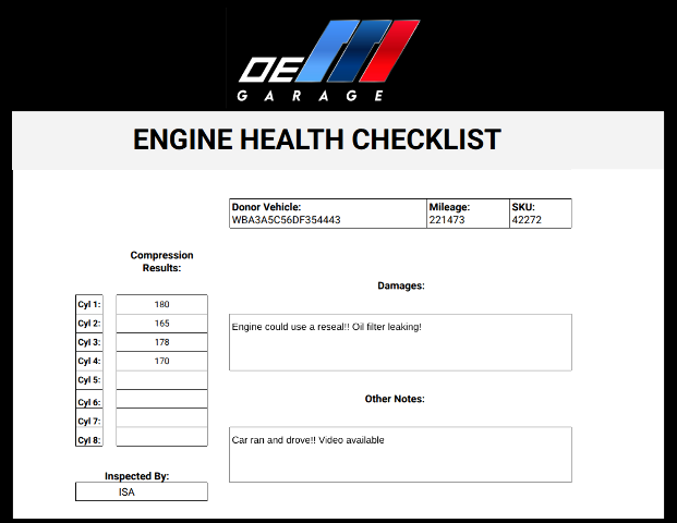 OEM BMW F30 F32 F36 F22 228 328 428 RWD COMPLETE Engine Motor Long Block N26 N20