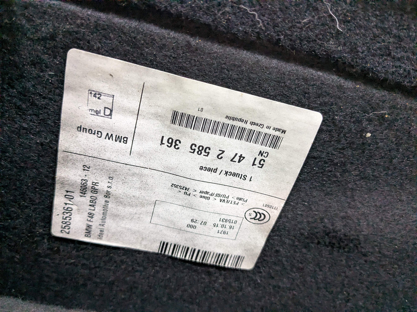 16-22 OEM BMW F48 X1 Tailgate Floor Mat Carpet Cargo Carpet Storage Spare Cover