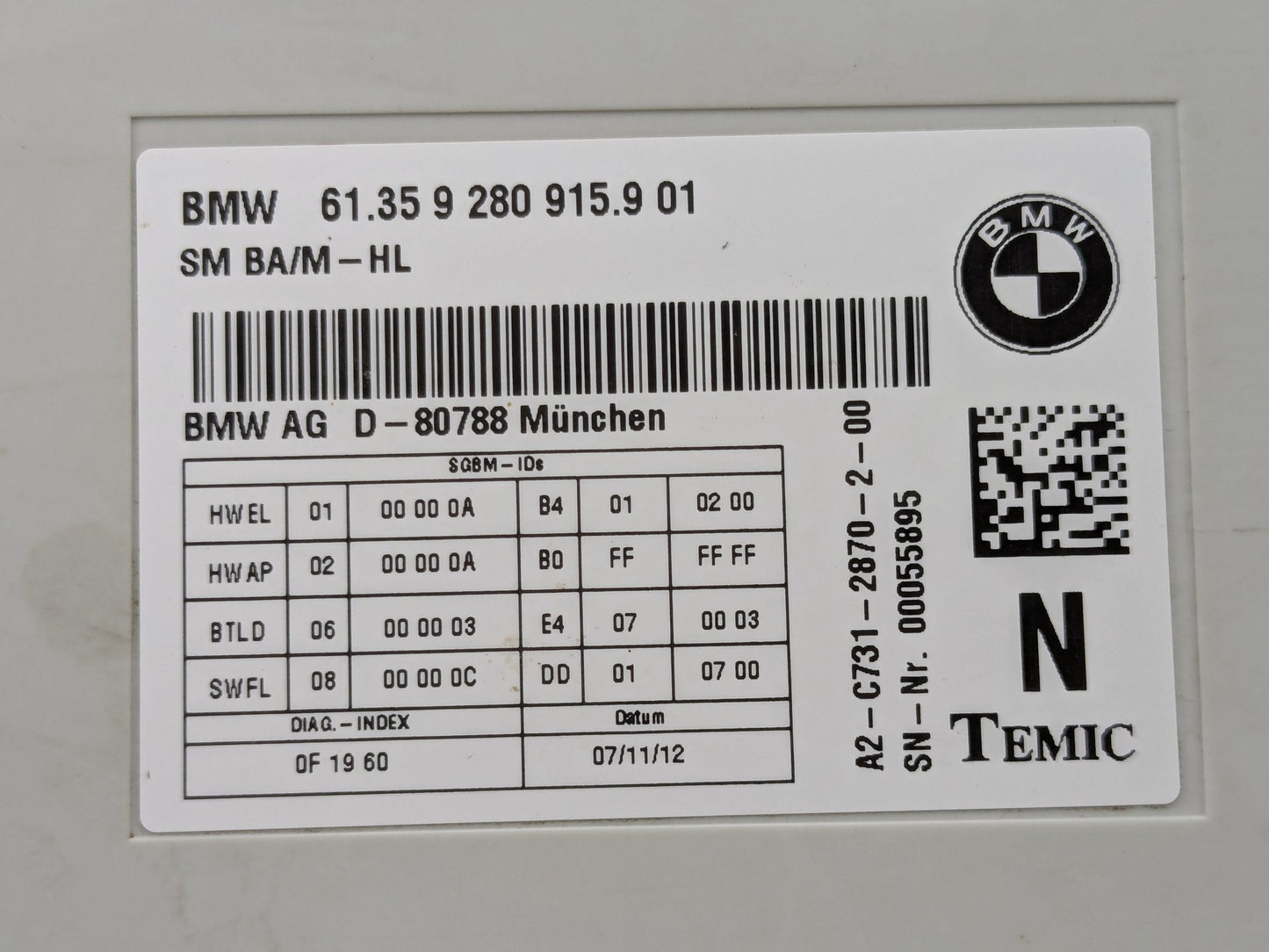 2011-2016 BMW 528i F10- Front Seat Control Module PN: 9280915