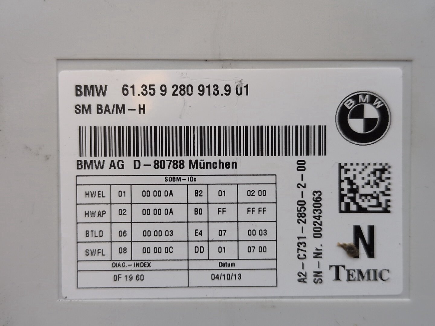 2011 - 2016 BMW 535i F10 Front Left or Right Seat Control Module 9280913 N55B30A
