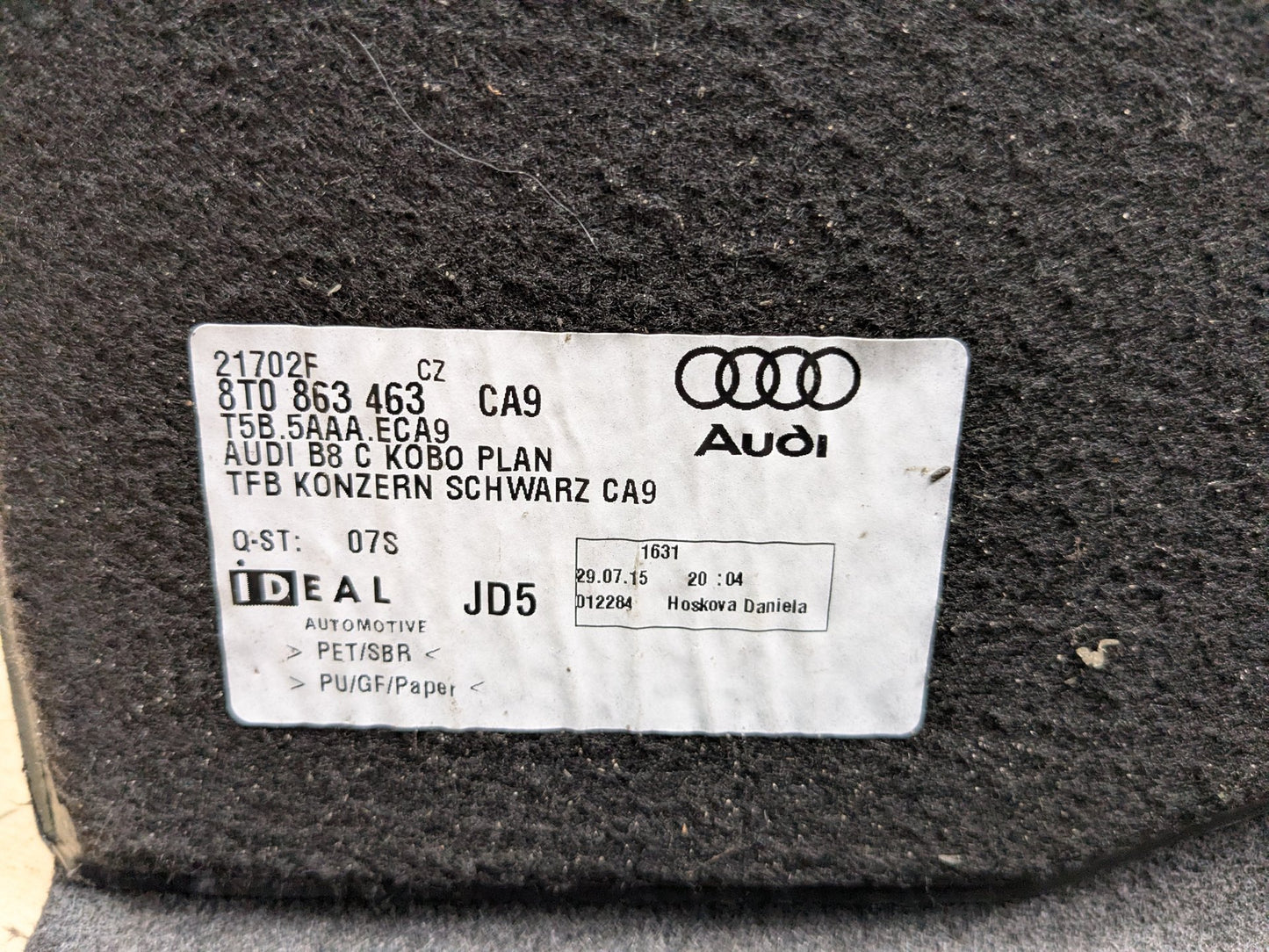 2013 - 2017 Audi S5 8T Rear Trunk Cargo Floor Carpet Spare Tire Cover 8T0 863 463 CA9 CTUB