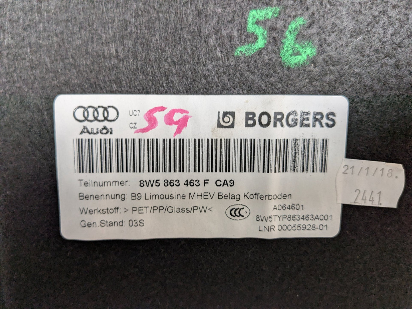 2018-2023 Audi S4 B9 Rear Trunk Cargo Floor Carpet Spare Tire Cover 8W5863463