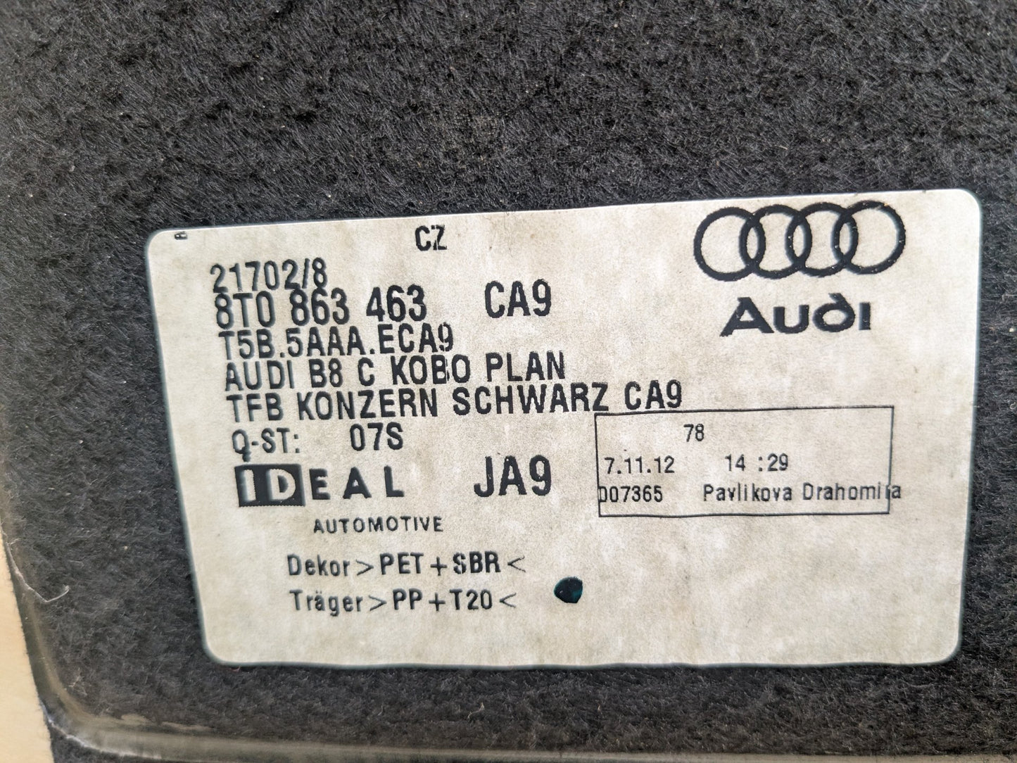 2011-2017 Audi RS5 8T Rear Trunk Cargo Floor Carpet Spare Tire Cover 8T0863463