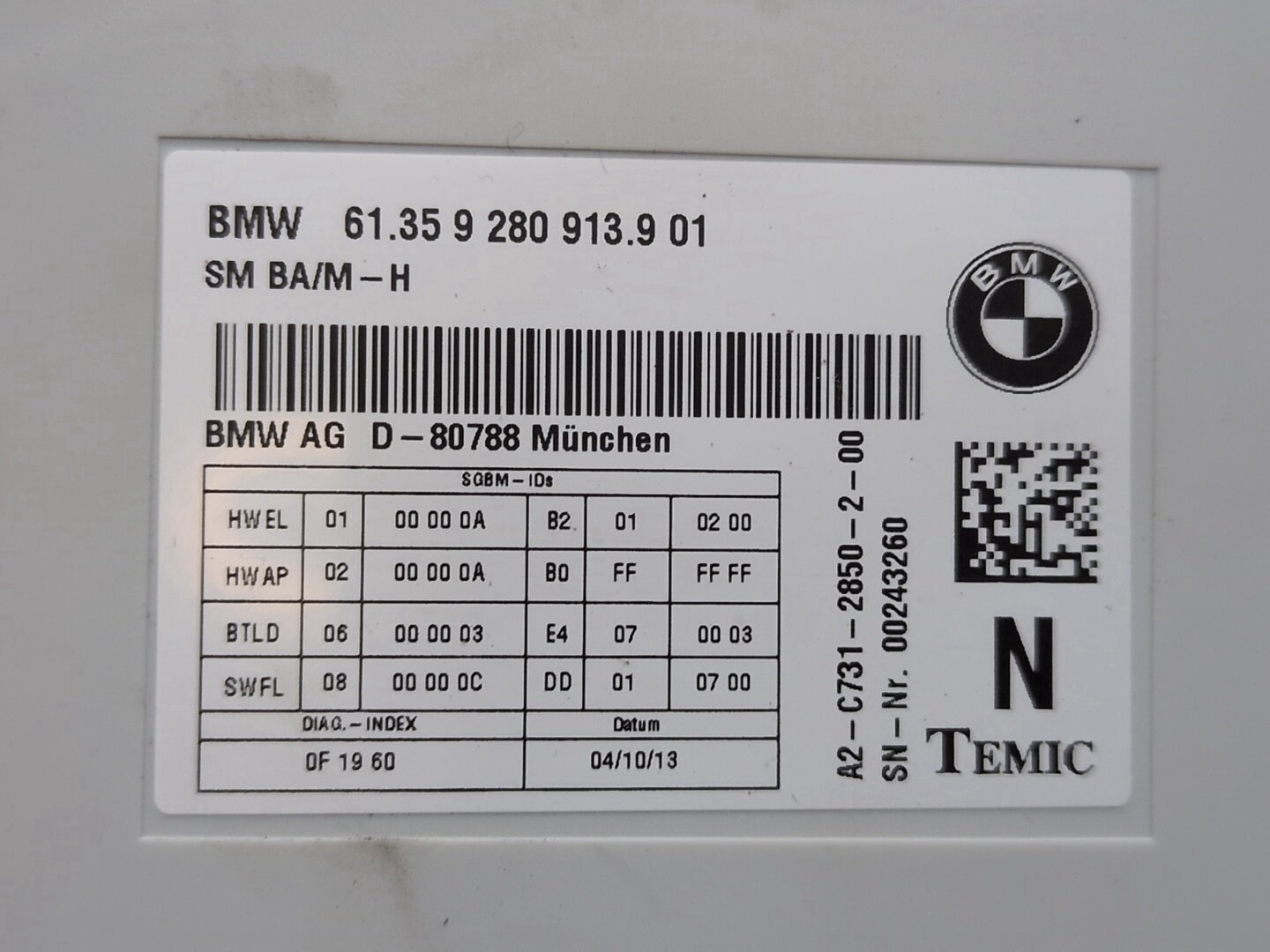 2011 - 2016 BMW 535i F10 Front Left or Right Seat Control Module 9280913 N55B30A